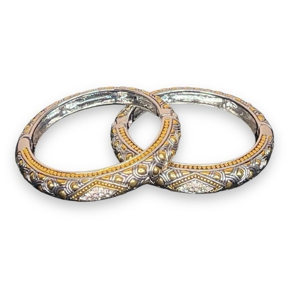 Set Of Two Silver Rhinestone Bracelets Gold Accent Boho Bohemian Glam - Picture 1 of 11